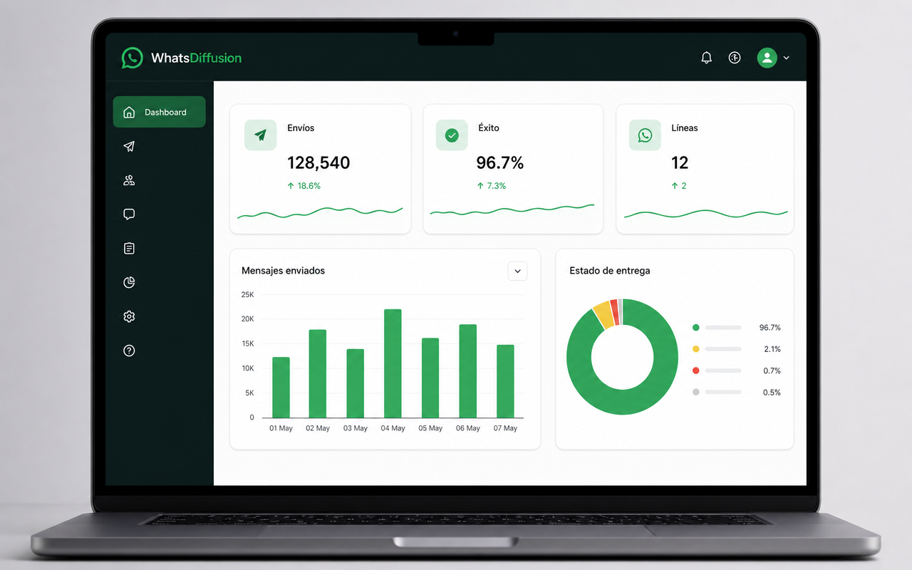 Dashboard de WhatsDiffusion con analíticas de mensajes y líneas